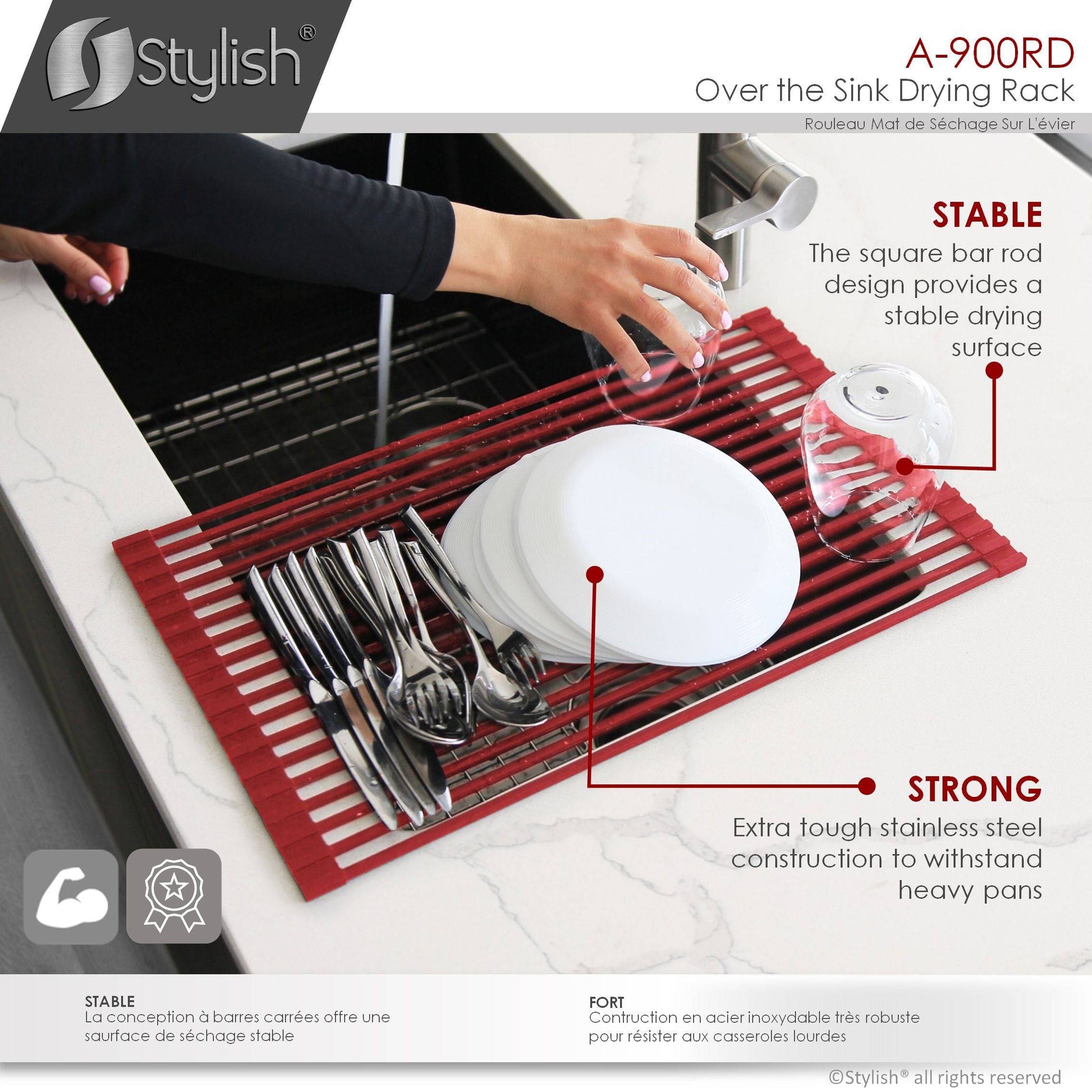Stylish 20" Over the Sink Roll-up Drying Rack Red A-900RD - Renoz