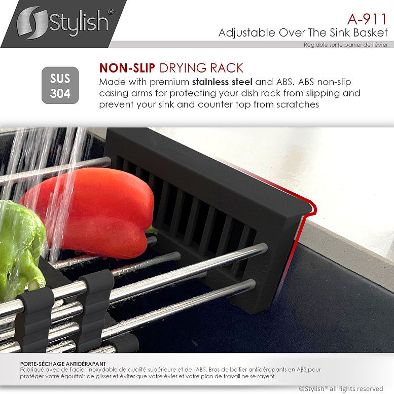 Panier égouttoir à vaisselle ou à légumes élégant et réglable au-dessus de l'évier en acier inoxydable