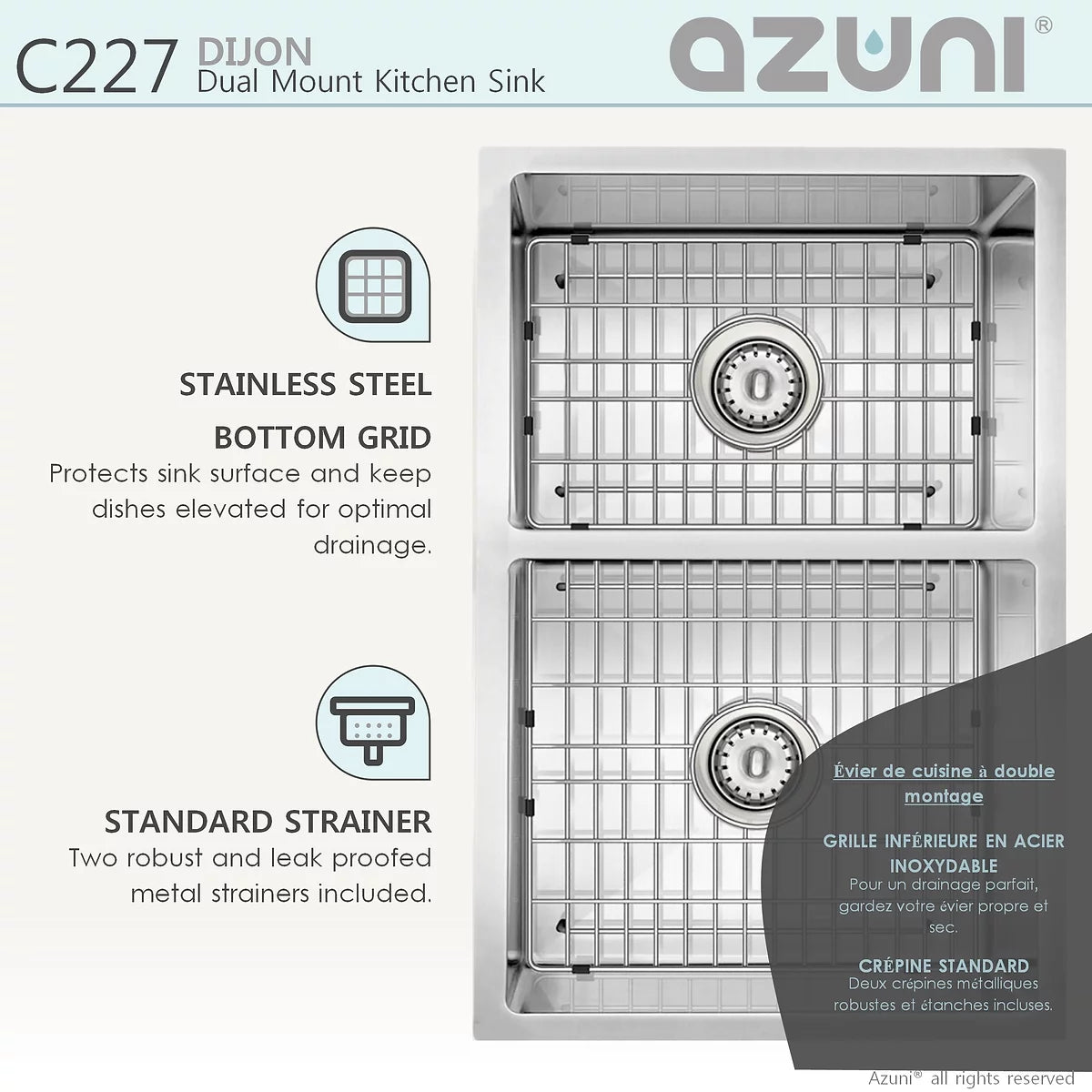 Azuni 27" x 18" Dijon Dual mount Double Bowl Kitchen Sink Stainless Steel C227