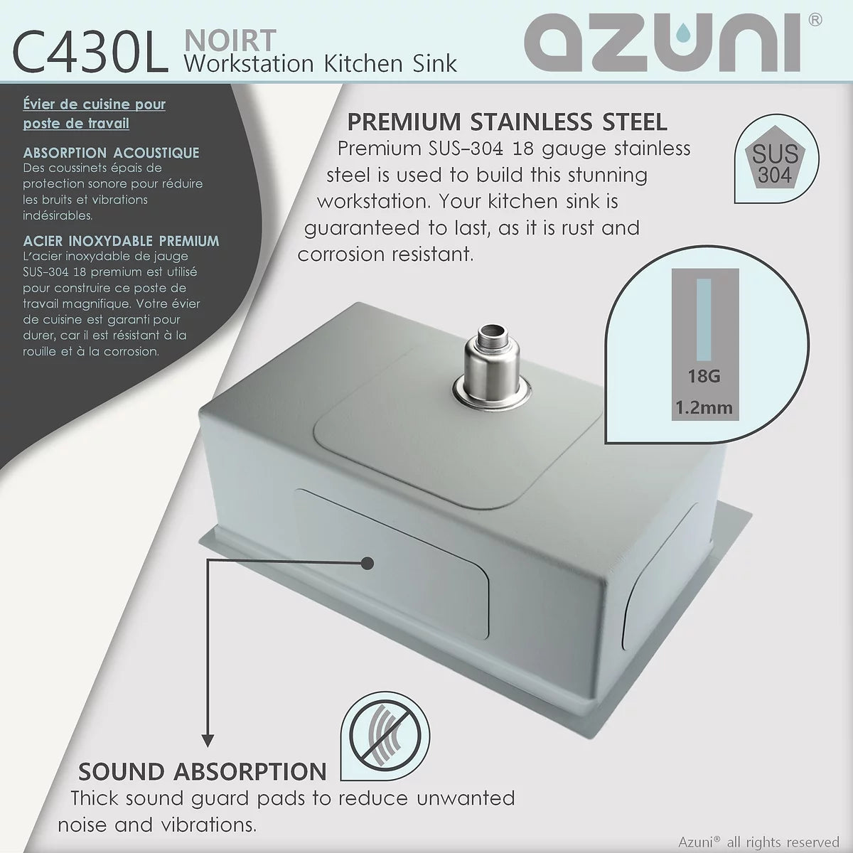 Azuni 31" x 20.5" Noirt Workstation Single Bowl Kitchen Sink Stainless Steel C430l