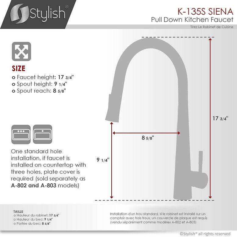 Stylish Siena Kitchen Faucet Single Handle Pull Down Dual Mode Stainless Steel Brushed Finish K-135S - Renoz