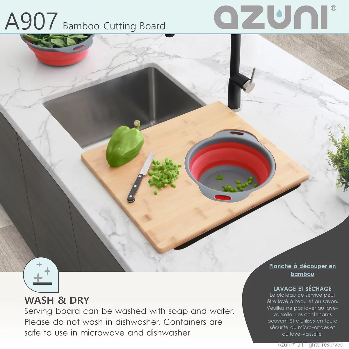 Azuni 16" Bamboo Cutting Board With Colander and Bowl Set A907