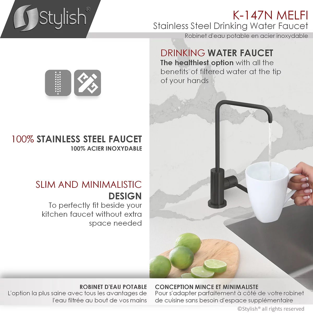 Stylish Melfi Single Handle Cold Water Tap - Stainless Steel Matte Black Finish K-147N