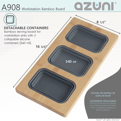 Azuni 17" Workstation Sink Bamboo Serving Board Set With 3 Containers A908