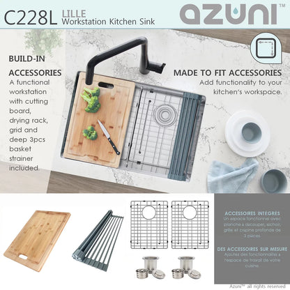 Azuni 28" x 19" Lille Workstation Double Bowl Undermount Kitchen Sink Stainless Steel C228l