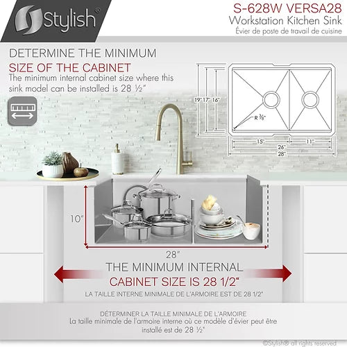 Stylish - 28 Inch Workstation 60/40 Double Bowl Undermount 16 Gauge  Stainless Steel Kitchen Sink With Accessories Included (S-628w)