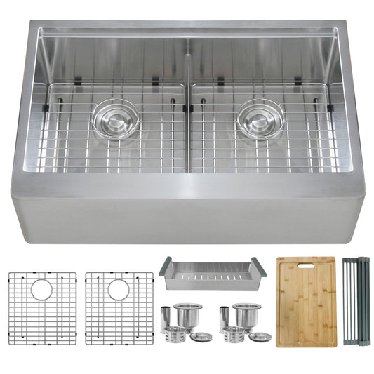 Élégant évier de cuisine à tablier en acier inoxydable à double cuve pour station de travail de ferme 33 po x 20 3/4 po avec accessoires intégrés S-315W