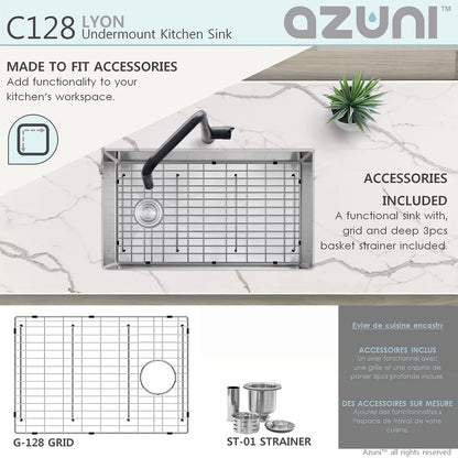 Azuni 28" x 18" Lyon Undermount Single Bowl Kitchen Sink Stainless Steel C128