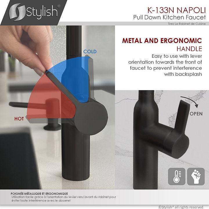 Stylish Napoli 18.75" Kitchen Faucet Single Handle Pull Down Dual Mode Stainless Steel Matte Black Finish K-133N - Renoz