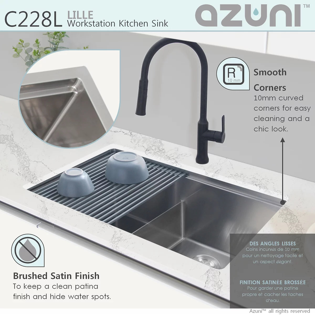 Azuni 28" x 19" Lille Workstation Double Bowl Undermount Kitchen Sink Stainless Steel C228l