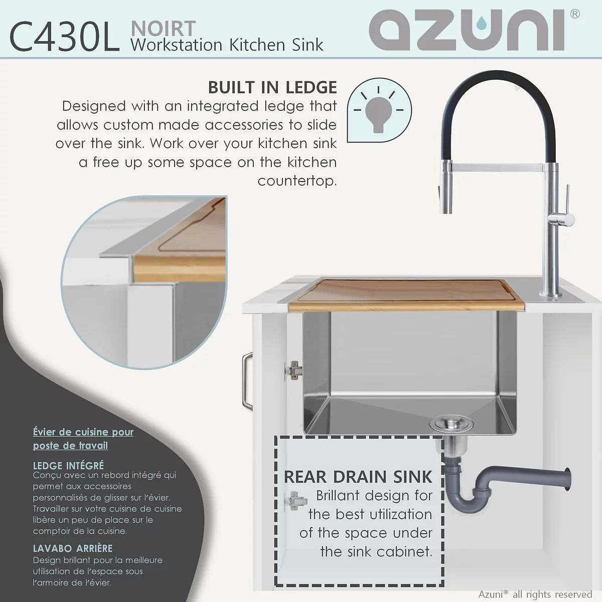 Azuni 31" x 20.5" Noirt Workstation Single Bowl Kitchen Sink Stainless Steel C430l