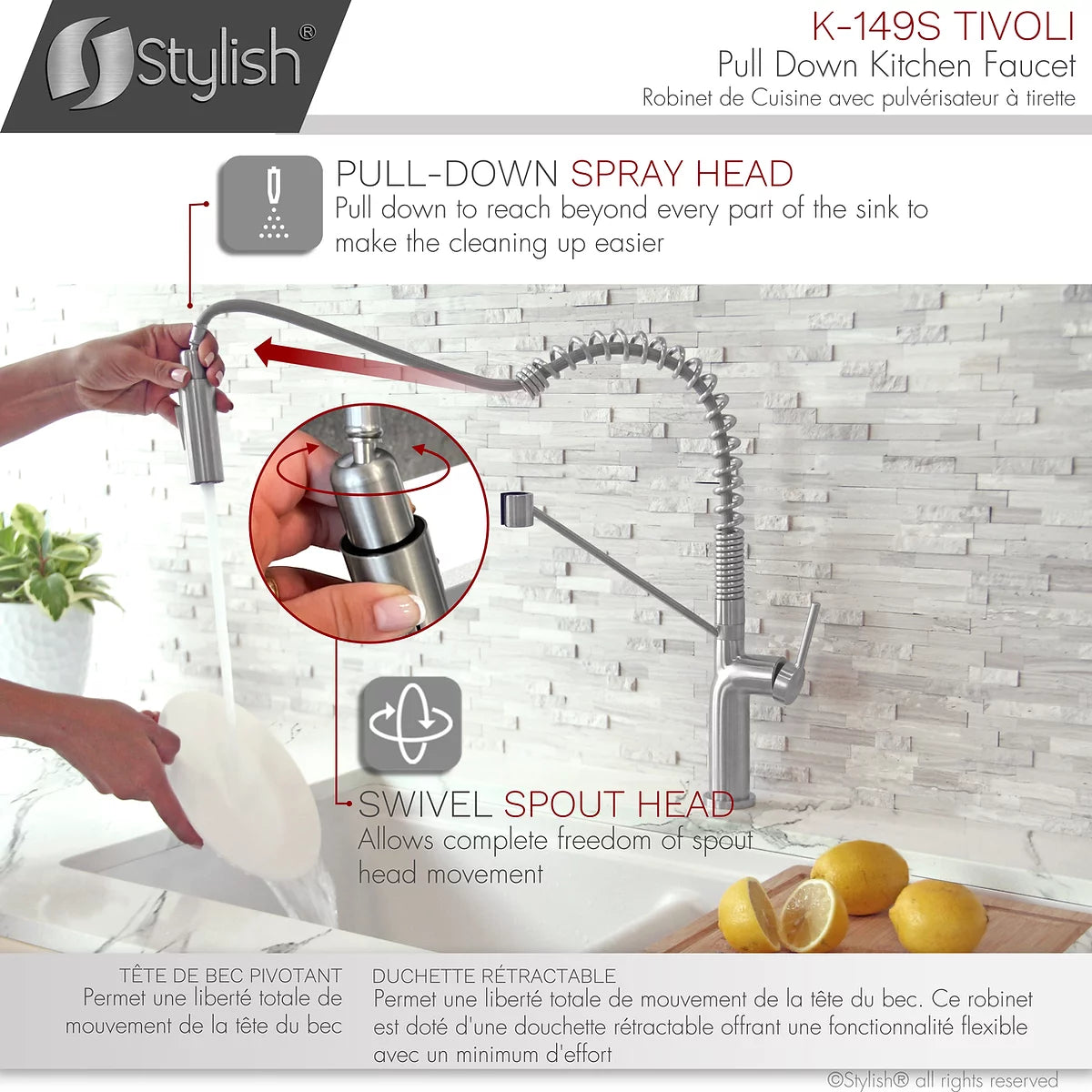 Élégant robinet de cuisine à tirette à poignée unique Tivoli finition –  Renoz