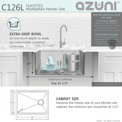 Azuni 25" x 19" Nantes Reversible Workstation Single Bowl Kitchen Sink Stainless Steel C126l