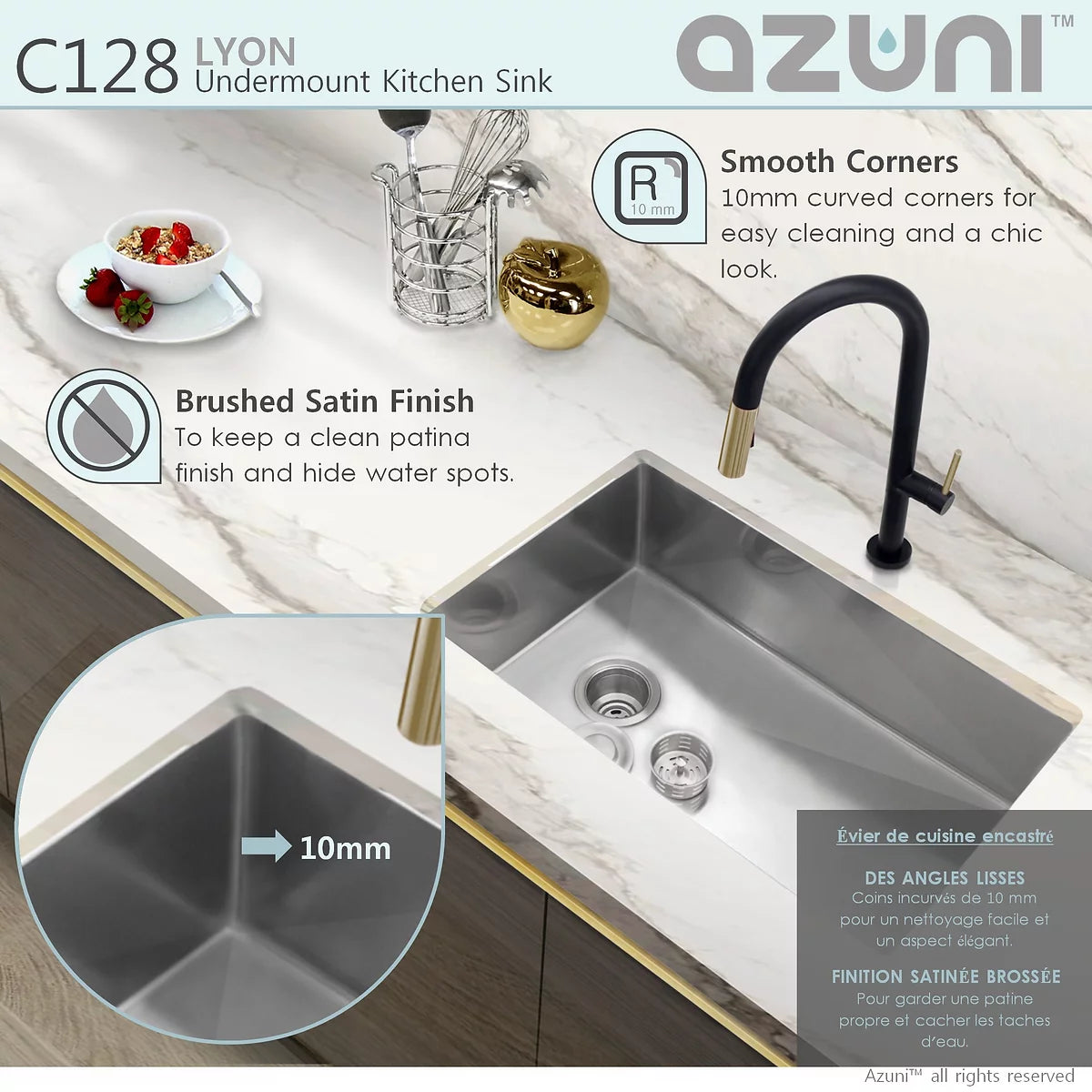 Azuni 28" x 18" Lyon Undermount Single Bowl Kitchen Sink Stainless Steel C128
