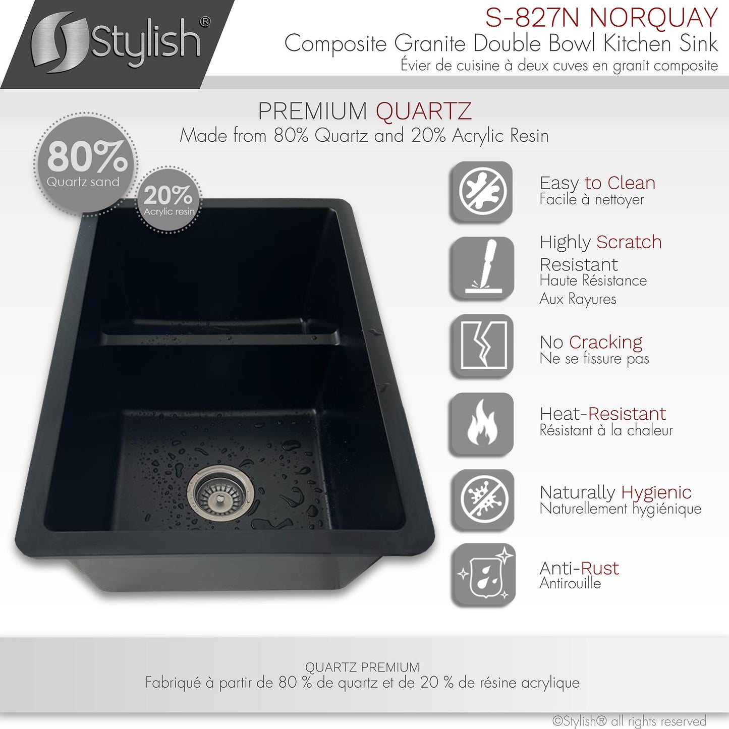 Stylish - 27 Inch Dual Mount 60/40 Double Bowl Granite Kitchen Sink With Strainer - S-827