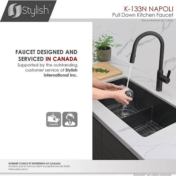 Stylish Napoli 18.75" Kitchen Faucet Single Handle Pull Down Dual Mode Stainless Steel Matte Black Finish K-133N - Renoz