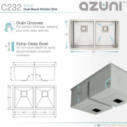 Azuni 32" x 18" Tulle Square Strainer 16 Gauge Undermount or Drop-in 50/50 Double Bowl Stainless Steel Kitchen Sink C232