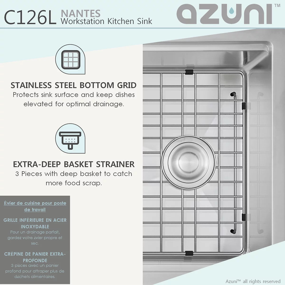 Azuni 25" x 19" Nantes Reversible Workstation Single Bowl Kitchen Sink Stainless Steel C126l