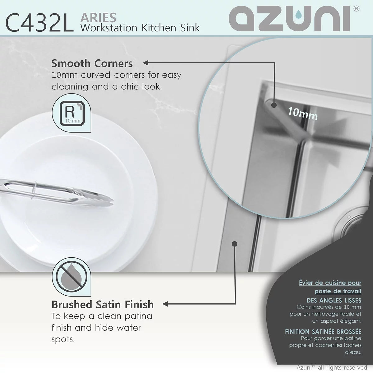 Azuni Aries 31” x 20.5" Workstation Double Bowl Kitchen Sink Stainless Steel C432L