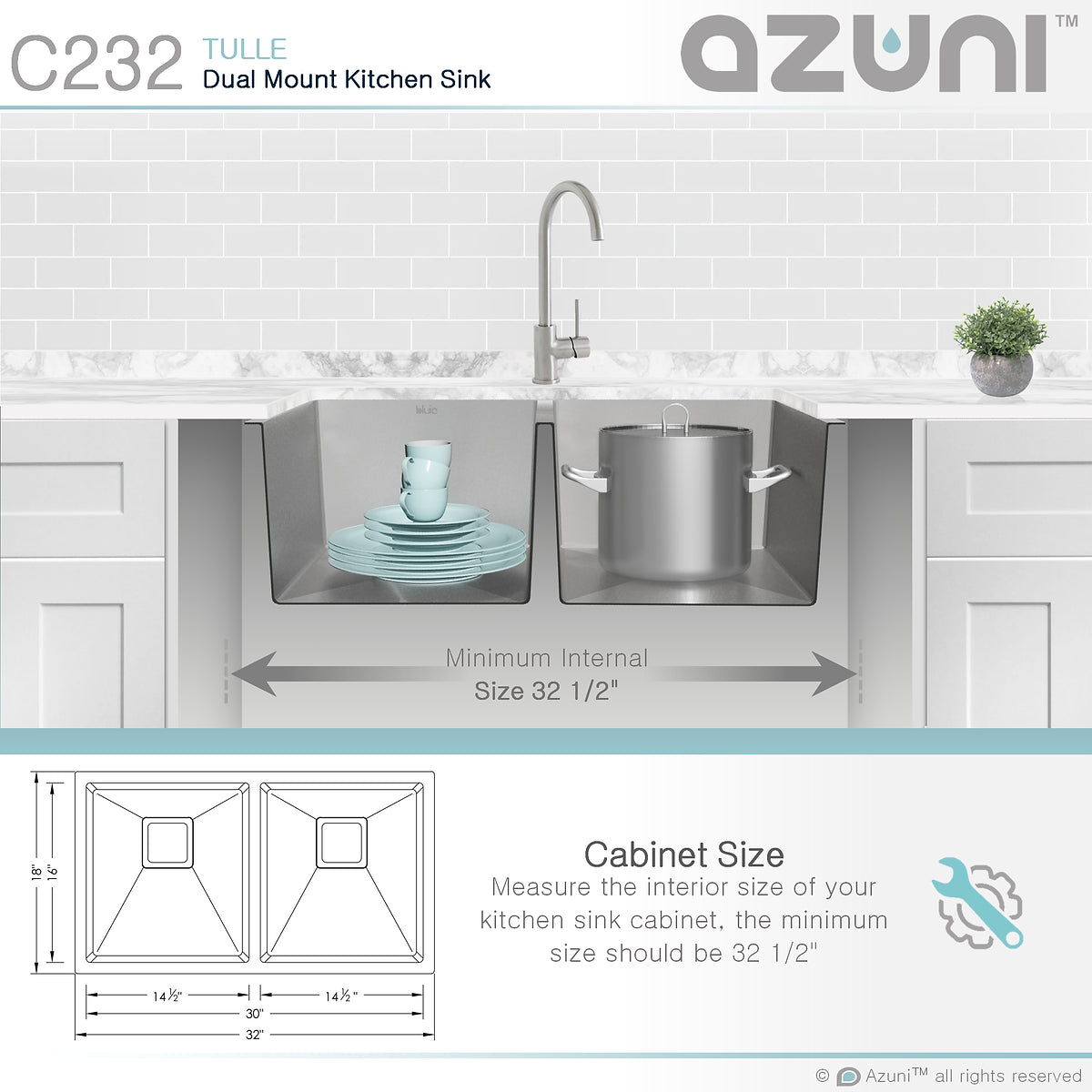 Azuni 32" x 18" Tulle Square Strainer 16 Gauge Undermount or Drop-in 50/50 Double Bowl Stainless Steel Kitchen Sink C232
