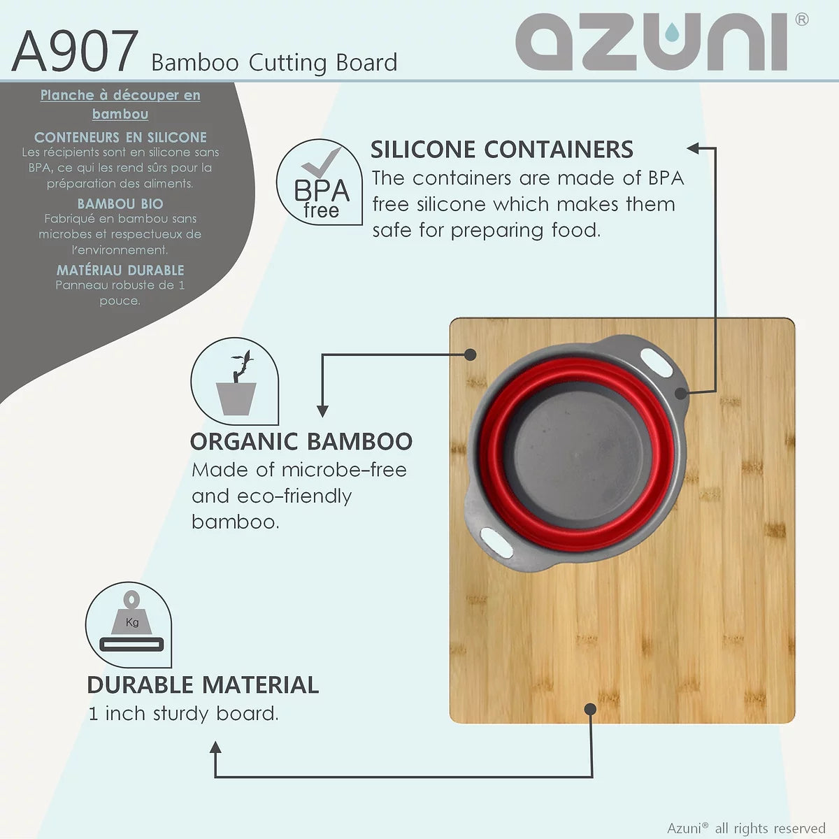 Azuni 16" Bamboo Cutting Board With Colander and Bowl Set A907
