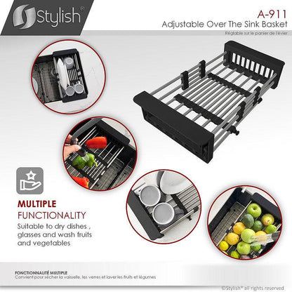 Stylish Adjustable Over the Sink Stainless Steel Dish or Vegetable Drainer Basket