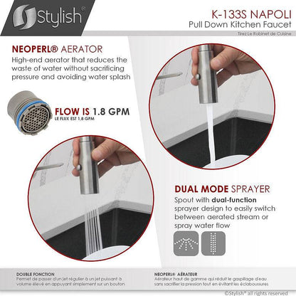 Stylish Napoli 18.75" Kitchen Faucet Single Handle Pull Down Dual Mode Stainless Steel Brushed Finish K-133S - Renoz
