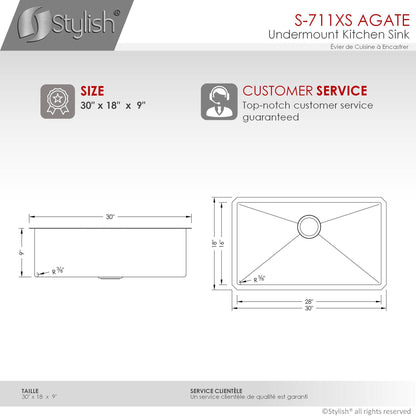 Stylish Agate 30" x 18" Graphite Single Bowl Undermount Stainless Steel Kitchen Sink S-711XN - Renoz