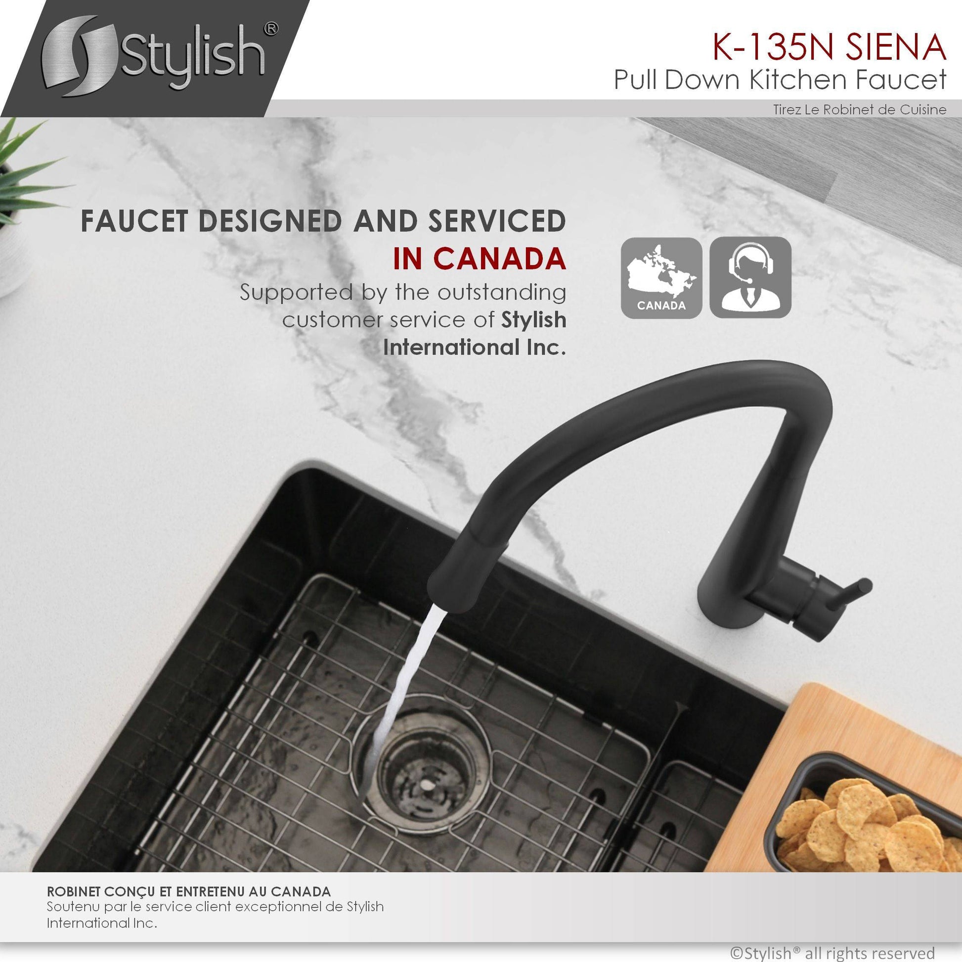 Stylish Siena 17" Kitchen Faucet Single Handle Pull Down Dual Mode Stainless Steel in Matte Black Finish K-135N - Renoz