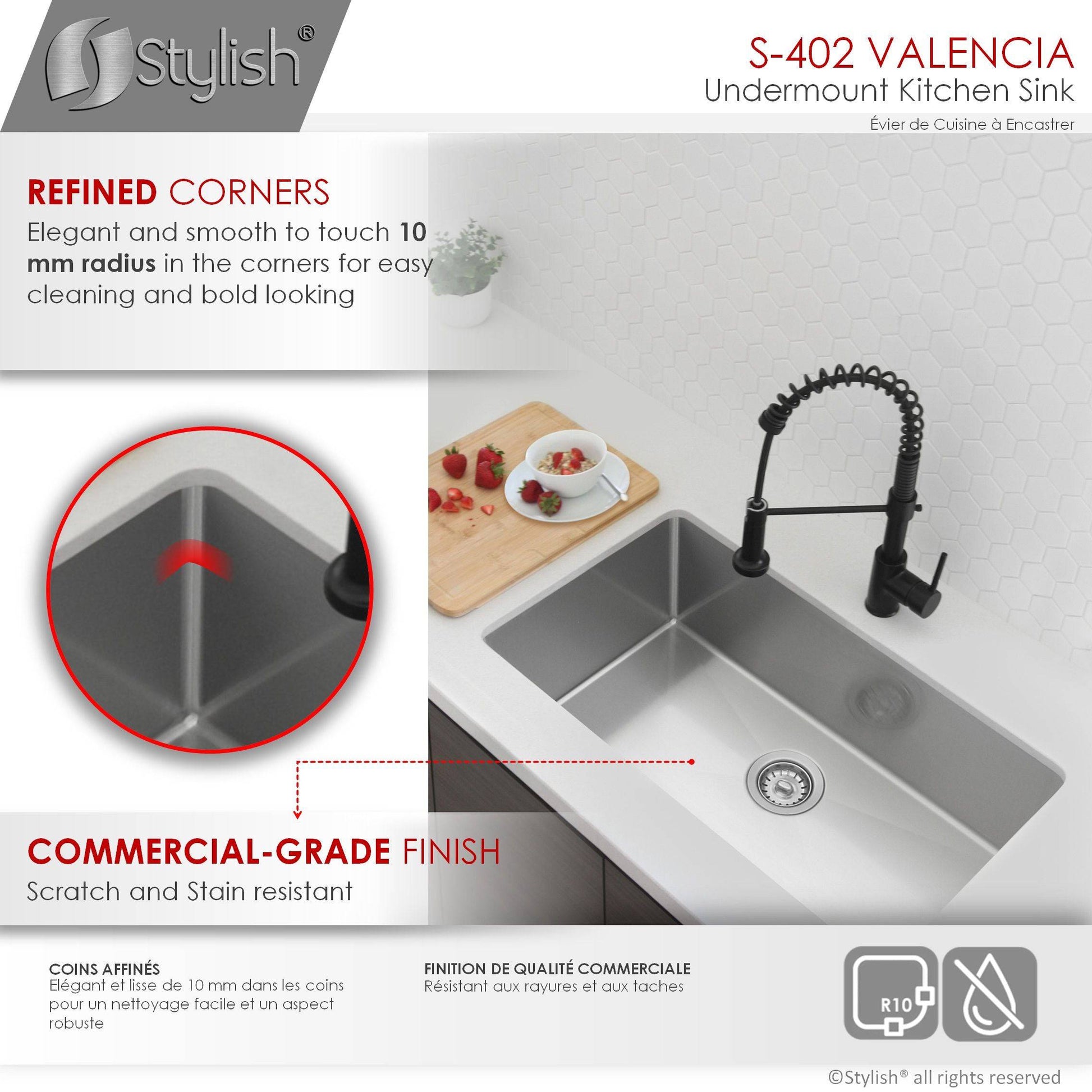 Stylish Valencia 31.13" x 18" Single Bowl Undermount Stainless Steel Kitchen Sink S-402 - Renoz