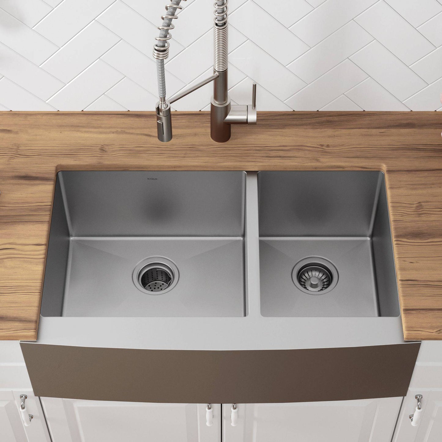 Kraus Standart PRO 32.88" x 20.75" Apron Front 16 Gauge Stainless Steel 60/40 Double Bowl Undermount Kitchen Sink
