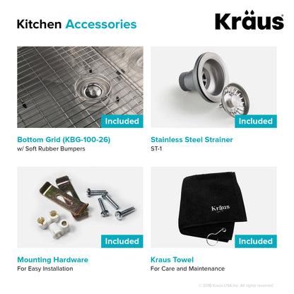 Kraus Standart PRO Évier de cuisine à cuve unique en acier inoxydable de calibre 16, 26 po x 18 po, sous plan