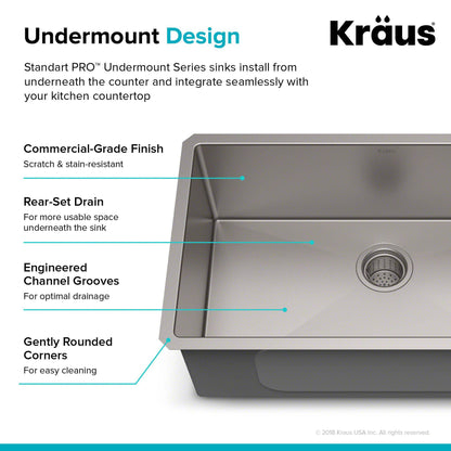 Kraus Standart PRO 30" x 18" Undermount 16 Gauge Stainless Steel Single Bowl Kitchen Sink