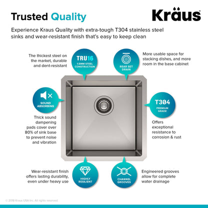 Kraus Standart PRO 17" x 17" Undermount 16 Gauge Stainless Steel Single Bowl Kitchen Bar Sink