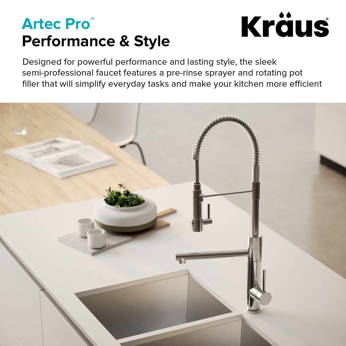 Kraus Artec Pro Robinet de cuisine à pré-rinçage de style commercial de 24,75 po en acier inoxydable sans taches/noir mat