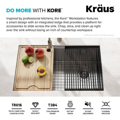 Kraus Kore Workstation 27" x 19" Undermount 16 Gauge Stainless Steel Single Bowl Kitchen Sink