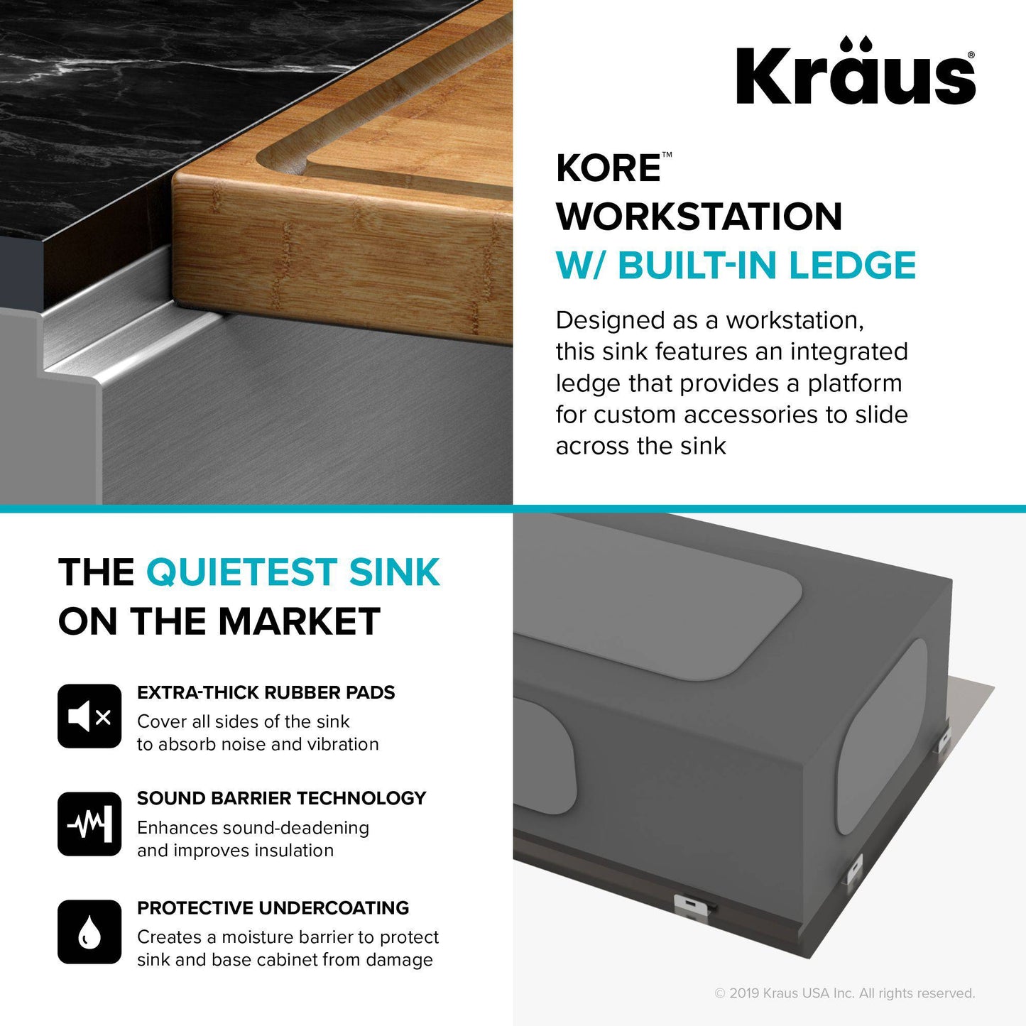 Kraus Kore Workstation 33" x 19" Undermount 16 Gauge Stainless Steel 50/50 Double Bowl Kitchen Sink
