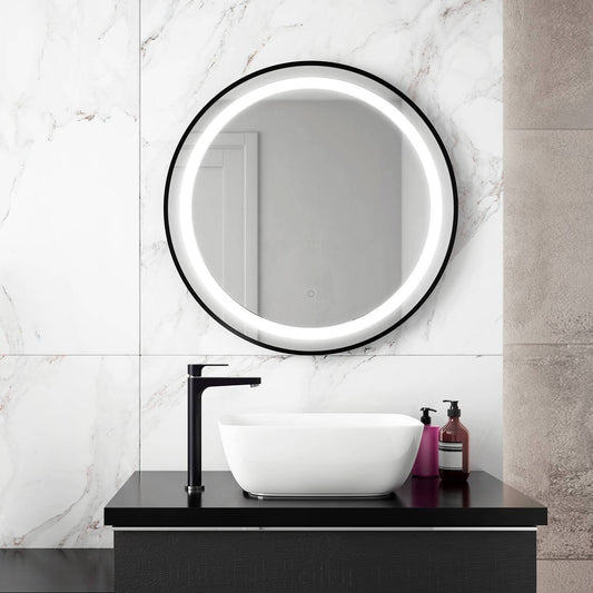 Kalia EFFECT Ø30" LED Illuminated Round Mirror with Frosted Strip, Black Frame and Touch-Switch for Color Temperature Control