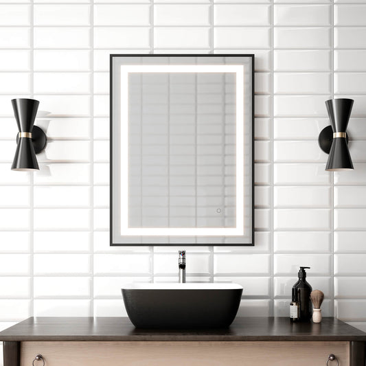 Kalia EFFECT 24" x 32" LED Illuminated Rectangular Mirror with Frosted Strip, Black Frame and Touch-Switch for Color Temperature Control