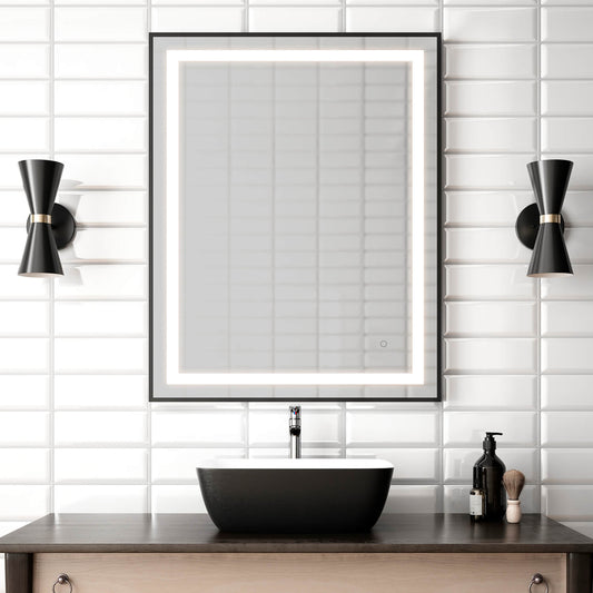 Kalia EFFECT 30" x 38" LED Illuminated Rectangular Mirror with Frosted Strip, Black Frame and Touch-Switch for Color Temperature Control