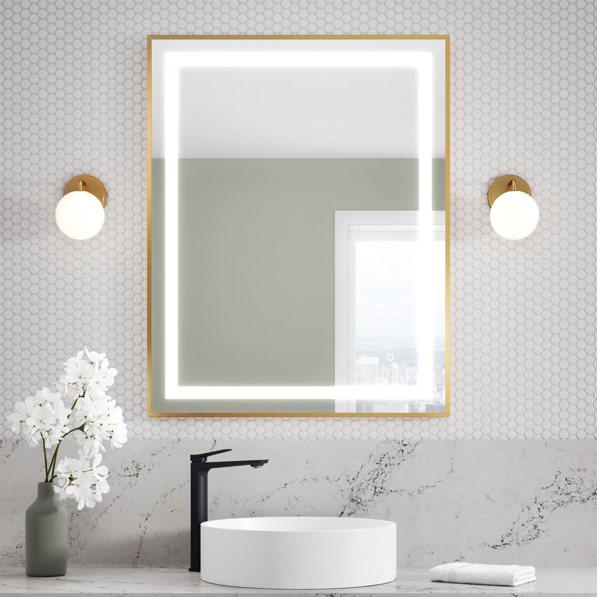 Kalia - Effect LED Illuminated Rectangular Mirror With Frosted Strip, Brushed Gold Frame and Touch-switch for Color Temperature Control 30" X 38" X 1⅝"