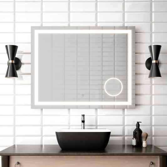 Kalia EFFECT 30" x 38" LED Illuminated Rectangular Mirror with Frosted Strip, Illuminated Magnifying Mirror (3X) and Touch-Switch for Color Temperature Control