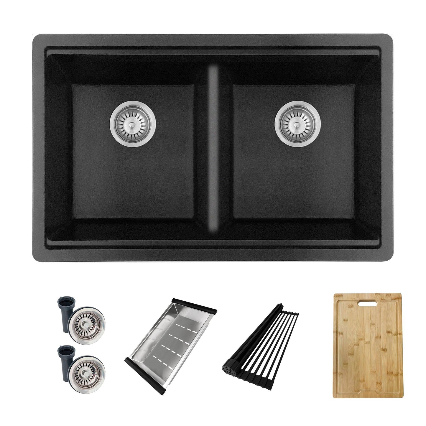 Stylish Banff 33" x 18" Dual Mount Workstation Double Bowl Black Composite Granite Kitchen Sink with Built in Accessories
