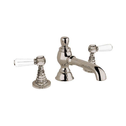 Aquadesign Products Widespread Lav – Drain Included (Regent R1024L) - Polished Nickel w/White Handle