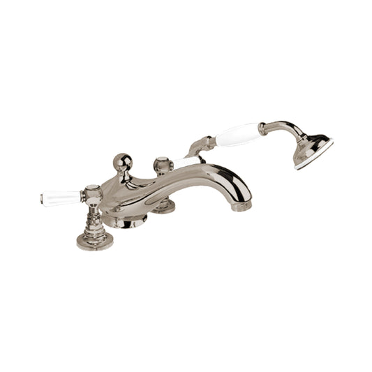 Aquadesign Products 4 pc. Deck Mount (Regent R3024L) - Polished Nickel w/White Handle