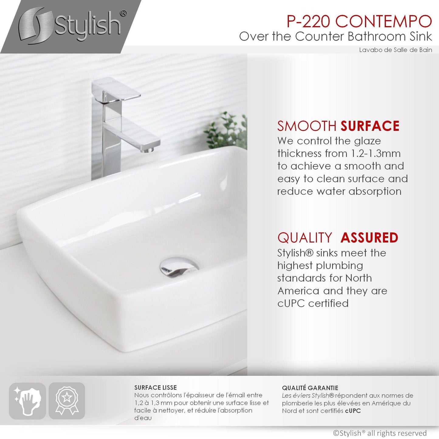 Stylish Contempo 19" x 13.38" Rectangular Vessel Bathroom Sink P-220 - Renoz