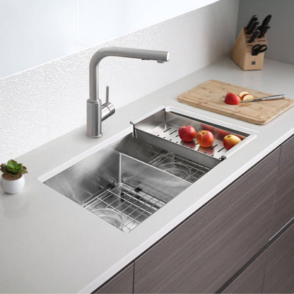 Stylish Ample 32" x 18" Slim Low Divider Double Bowl Undermount Stainless Steel Kitchen Sink S-321XG