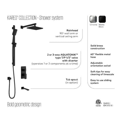 Kalia - Kareo TD3 (Valve non incluse) : Aquatonik T/P avec système de douche à inverseur avec bras de plafond vertical - Noir mat