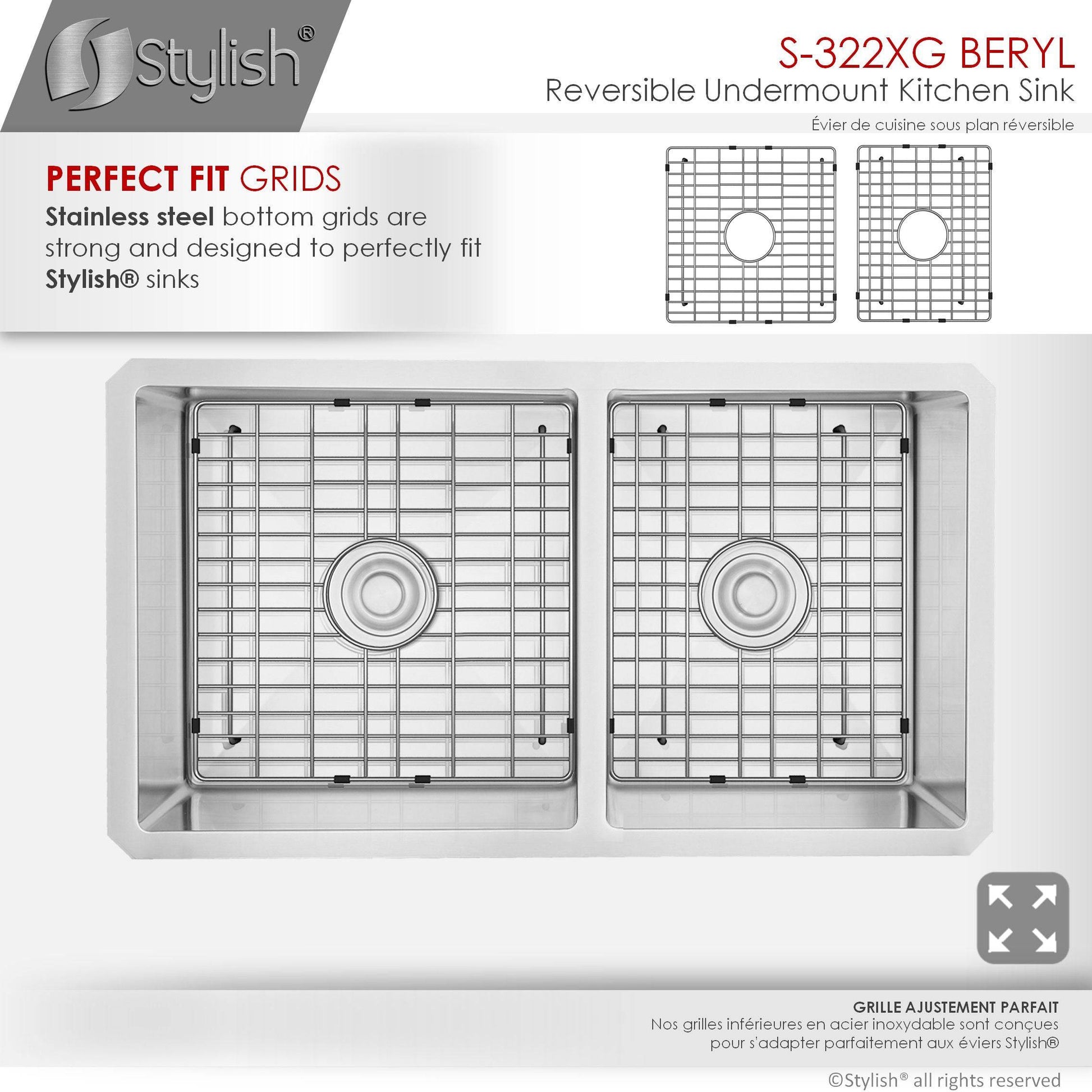 Stylish Beryl 33" x 18" Double Bowl 60/40 Reversible Undermount 16G Stainless Steel Kitchen Sink S-322XG - Renoz