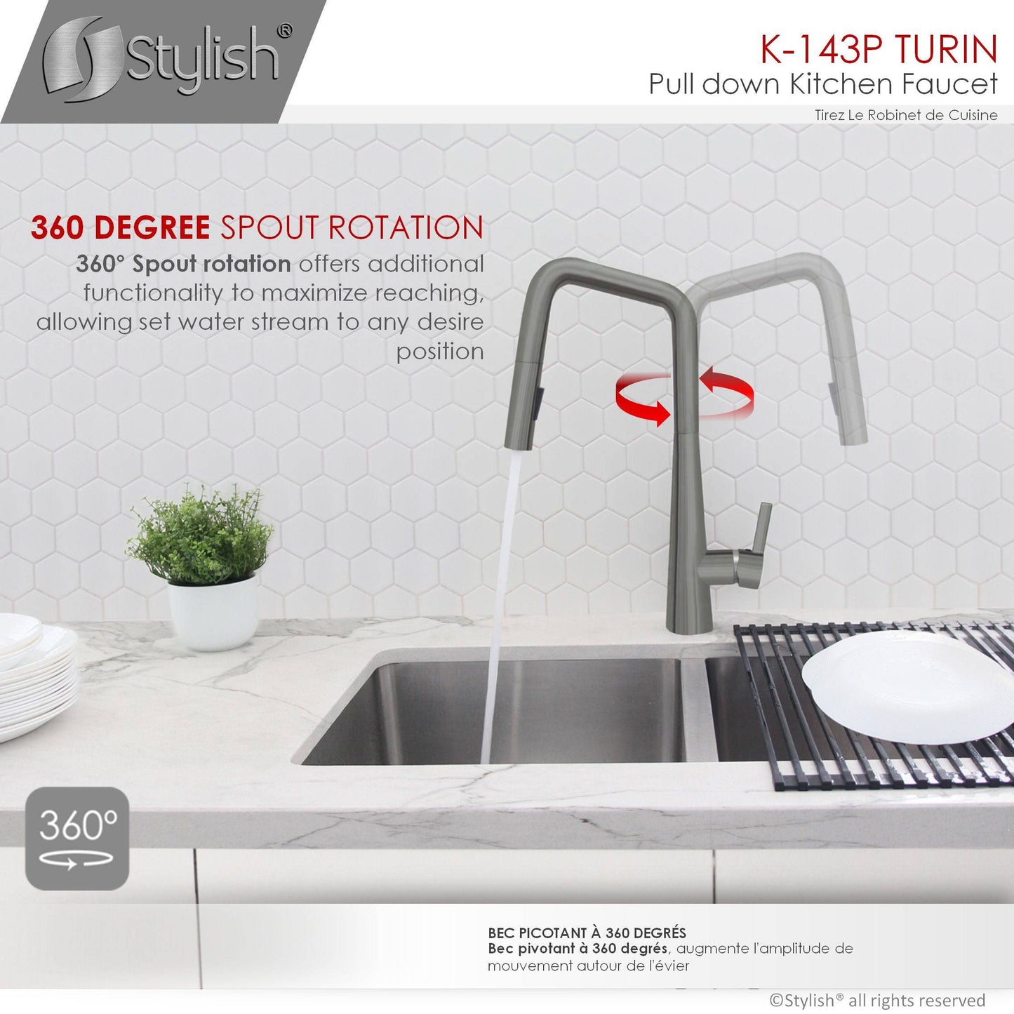 Stylish Turin 17" Kitchen Faucet Single Handle Pull Down Dual Mode Lead Free Gun Metal K-143P - Renoz